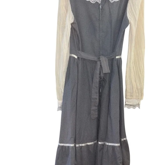 Gunne Sax Gold Tag Vintage 70s Grey White Polka Dot Lace Up  Prairie Dress 13 - Picture 8 of 8